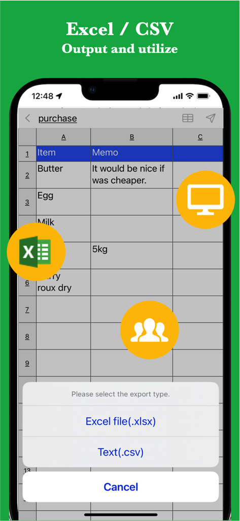 # Simple Table - Note as table - Screenshot showing the export options to Excel and CSV formats in the Simple Table mobile app.