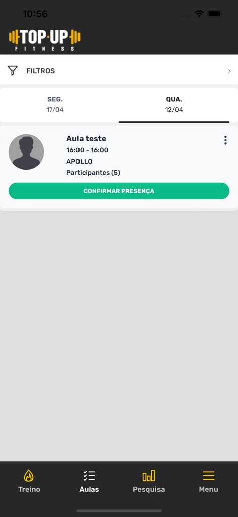 TOP UP ACADEMIA - Interfaz de la aplicación TOP UP ACADEMIA que muestra un horario de clases de gimnasio y un botón para confirmar asistencia