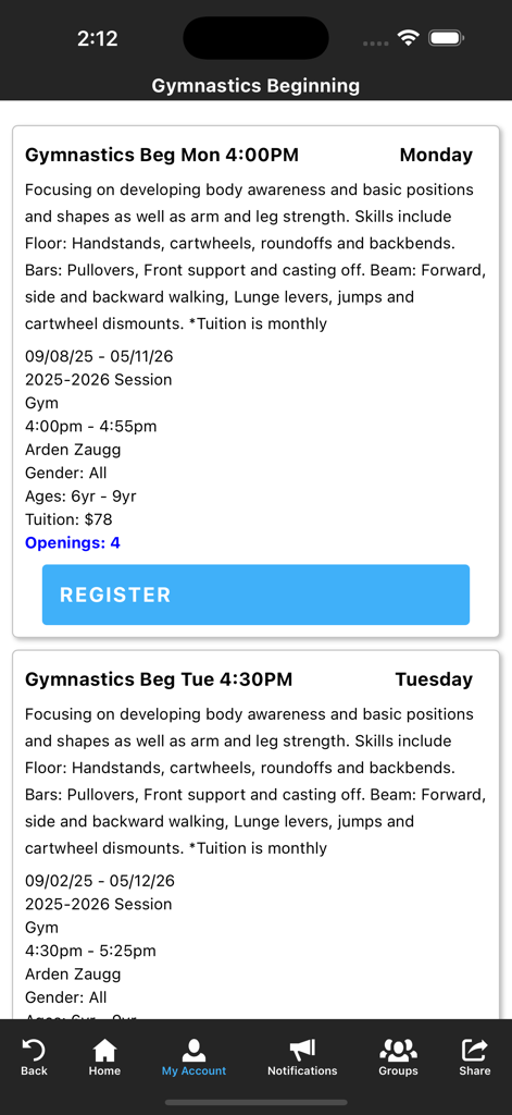 Peak Kids - Interfaz de la app móvil que muestra detalles para una clase de gimnasia para principiantes con un botón de inscripción
