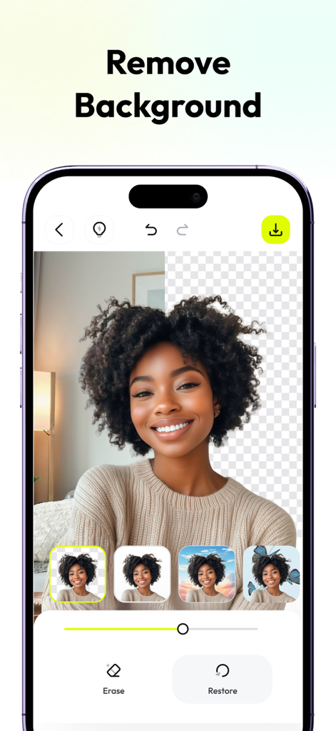 AnyEraser app interface showing the AI background removal feature on a portrait