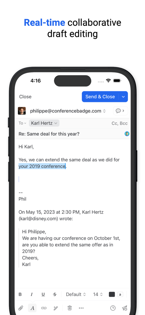 Missive - Email, Chat & Tasks - Ein Smartphone-Bildschirm, der die gemeinsame E-Mail-Entwurf-Bearbeitung in Echtzeit in der Missive-App anzeigt.
