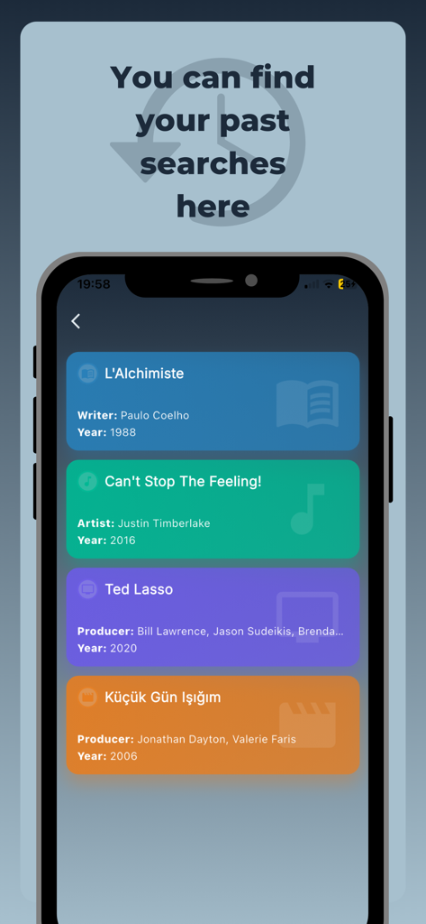 List of past entertainment searches for books music and movies in the Feely app