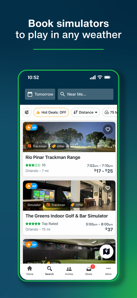 GolfNow app interface showing search results for booking indoor golf simulators and ranges.