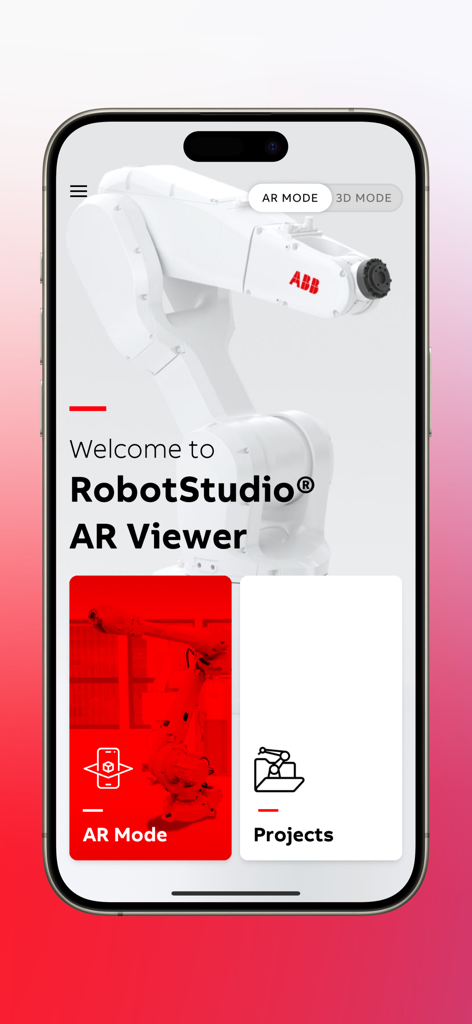 RobotStudio® AR Viewer - Welcome screen of RobotStudio AR Viewer app featuring an ABB robot arm and navigation buttons for AR mode and projects