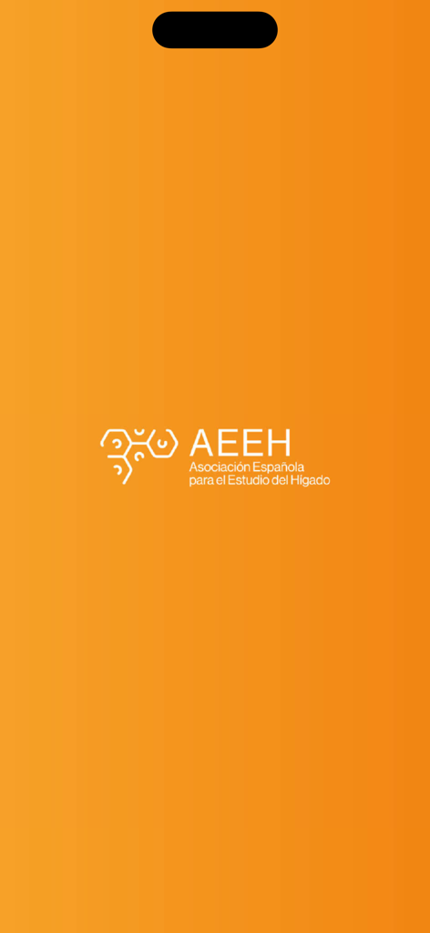 AEEH 2026 第51回会議アプリのスプラッシュスクリーン。オレンジ色の背景にスペイン肝臓病学会のロゴが表示されています。