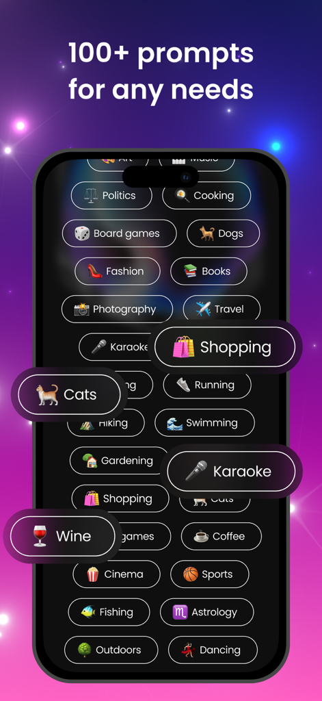 A list of conversation topics and interest tags within the AI Girlfriend app interface