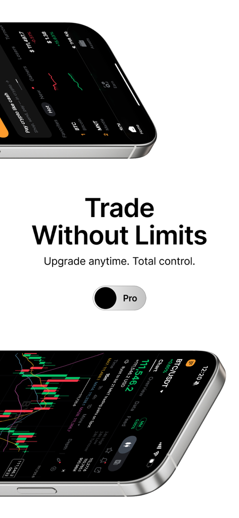 Interface do aplicativo móvel Bybit exibindo gráficos profissionais de negociação de criptomoedas e um botão de alternância do modo Pro.