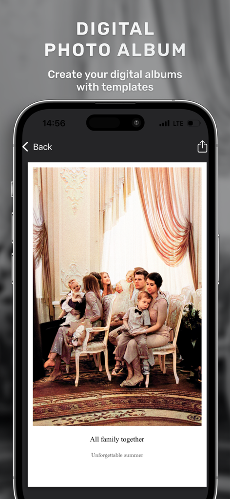 Photo Scan & Colorize - Raven - Raven app digital photo album template showing a scanned family picture with custom captions