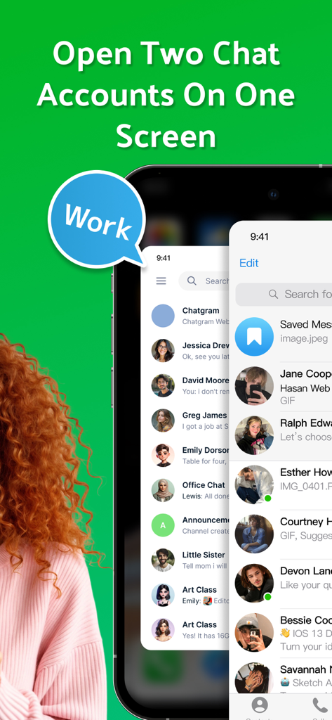 Un iPhone affichant deux interfaces de compte de chat séparées sur un seul écran pour le travail et la vie privée