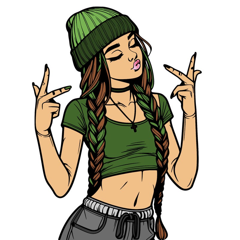 realistic teenage girl with braids and a beanie and crop top doing 🫶🏼