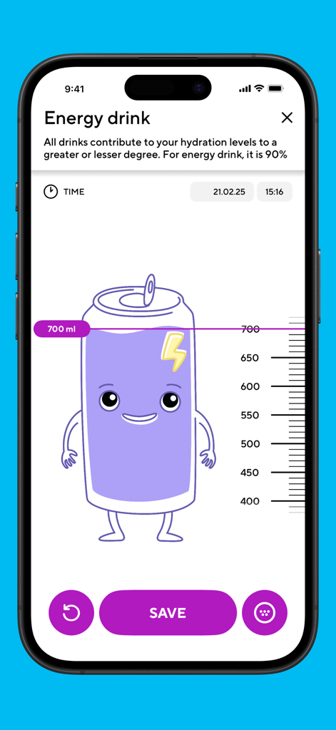Water Mate app interface showing energy drink logging with a 700ml volume slider