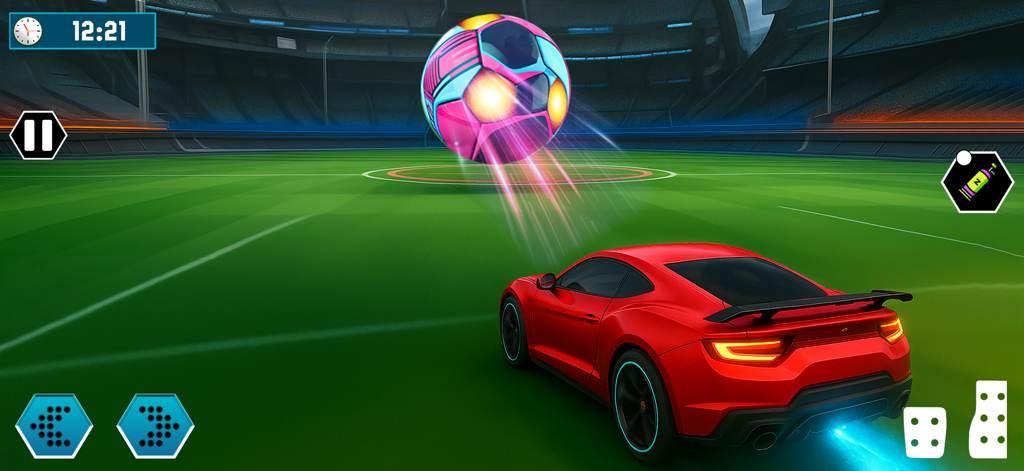 Rocket Car 3D - Ball Game - Red rocket car driving towards a large glowing soccer ball in a 3D stadium