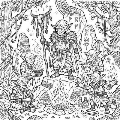 Delve into a fantastical world with this intricate goblin shamans coloring page, perfect for adults and teens. Discover a scene rich with tribal magic, ancient runes, and forest spirits, ready for your creative touch.