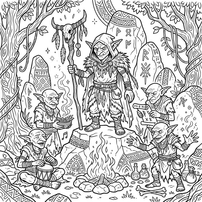 Delve into a fantastical world with this intricate goblin shamans coloring page, perfect for adults and teens. Discover a scene rich with tribal magic, ancient runes, and forest spirits, ready for your creative touch.