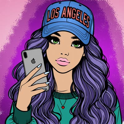 realistic beautiful girl wearing los ángeles cap holding an iphone