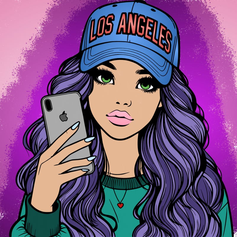 realistic beautiful girl wearing los ángeles cap holding an iphone