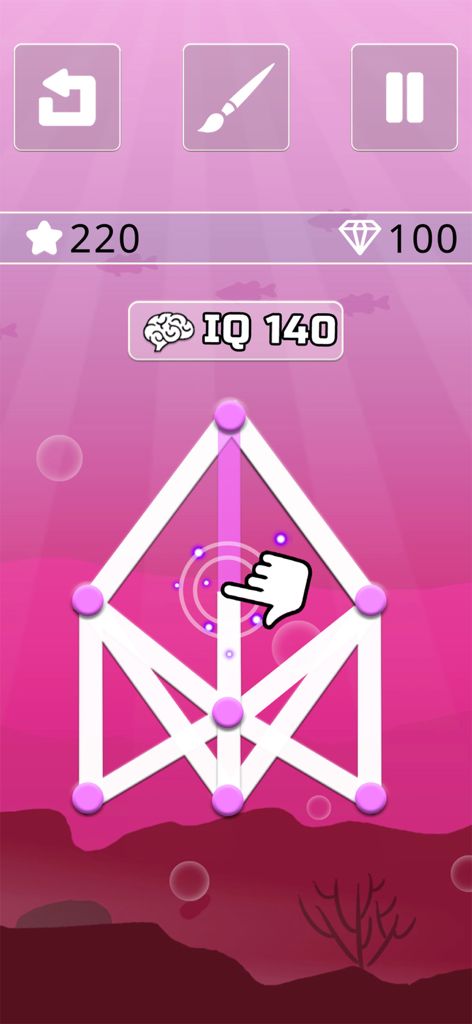 One line only : dot to dot - Gameplay of One line only dot to dot showing a geometric puzzle with pink dots and an IQ 140 label