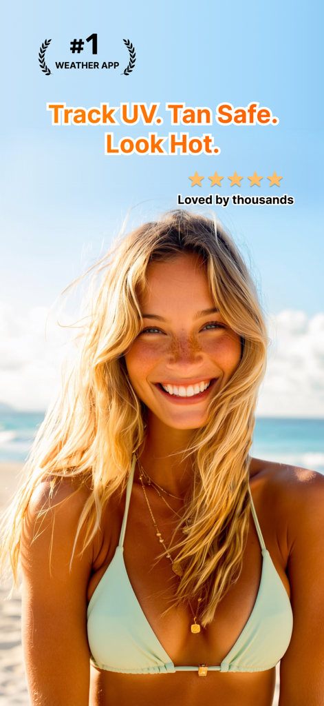 Sunkiss AI - Tan & UV Tracker - Smiling woman at the beach representing safe tanning and UV tracking