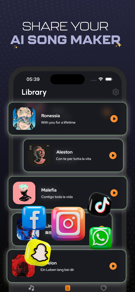 A mobile screen showing a library of AI generated songs with floating social media icons for easy sharing on TikTok and Instagram.