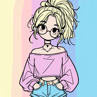 girl with a messy ponytail glasses a baggy crop top and jean shorts