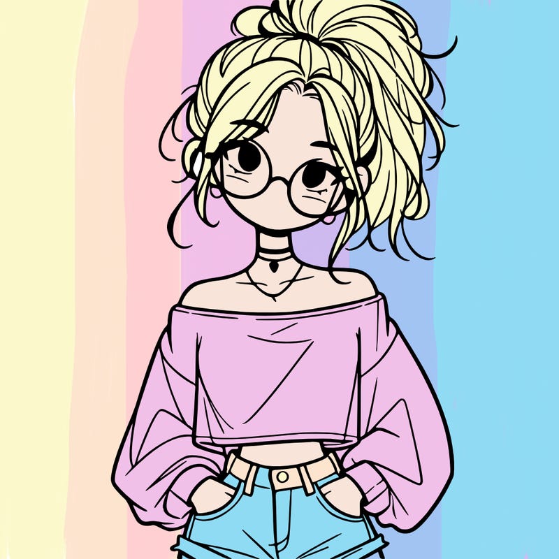girl with a messy ponytail glasses a baggy crop top and jean shorts