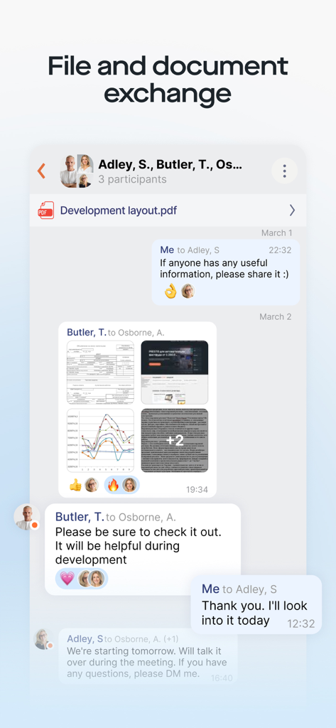 Saby Meet - Saby Meet business messenger showing file and document exchange in a group chat