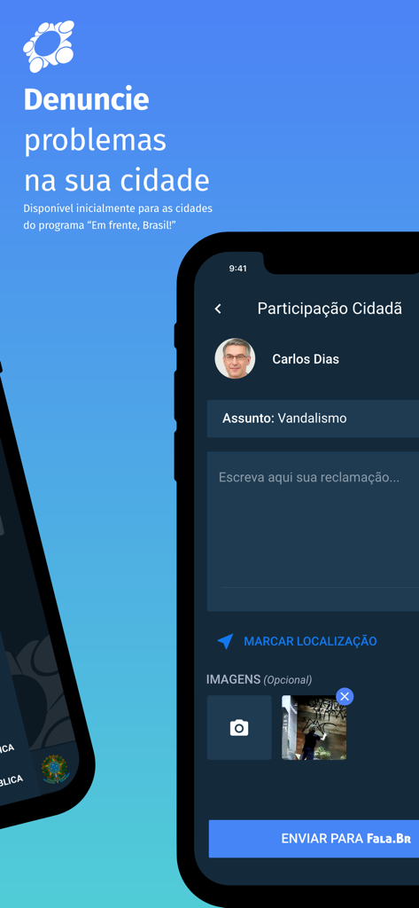 Sinesp Cidadão app screen showing a citizen participation form to report urban issues like vandalism