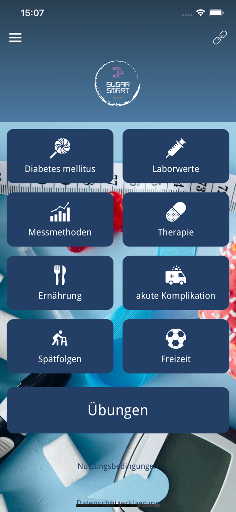 SugarSmart - SugarSmart app dashboard showing diabetes education categories like nutrition therapy and acute complications