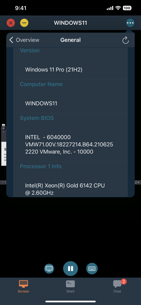 BeyondTrust Access Console - Aplicación BeyondTrust Access Console mostrando especificaciones del sistema remoto de Windows 11 e información de la BIOS en un dispositivo móvil.