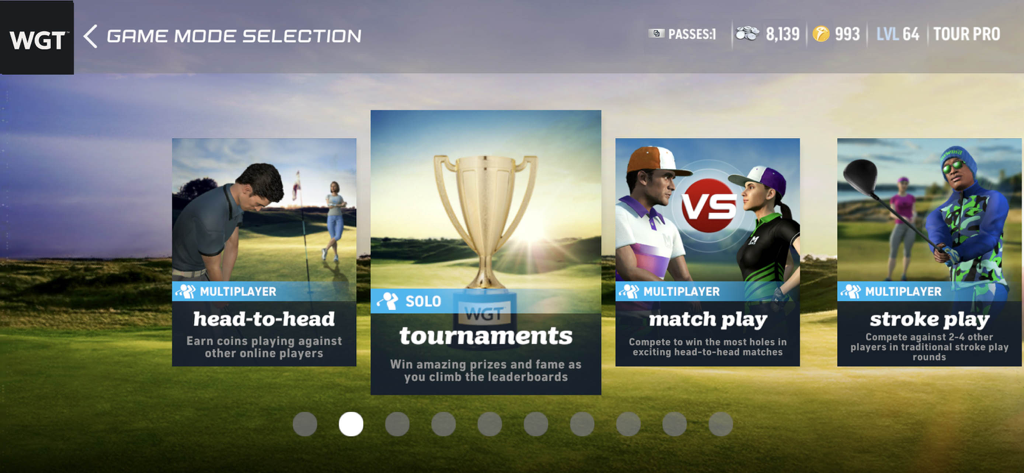 WGT Golf: Realistic Golf Game - WGT Golf game mode selection screen showing solo tournaments and multiplayer options like head to head and stroke play.