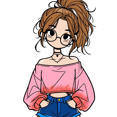 girl with a messy ponytail glasses a baggy crop top and jean shorts
