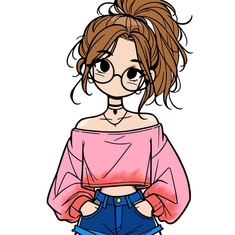 girl with a messy ponytail glasses a baggy crop top and jean shorts