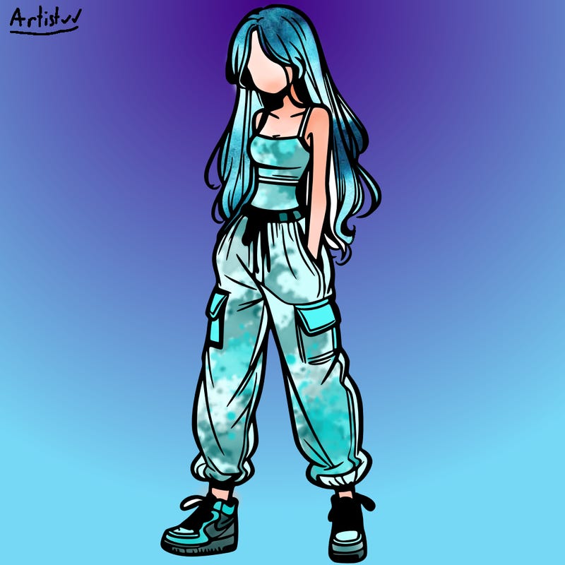 girl in baggy pants crop top and long hair