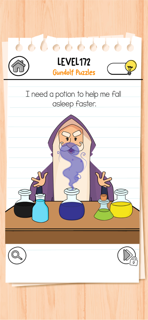Brain Test 3 level 172 showing a wizard character asking for a sleep potion among several colored bottles.
