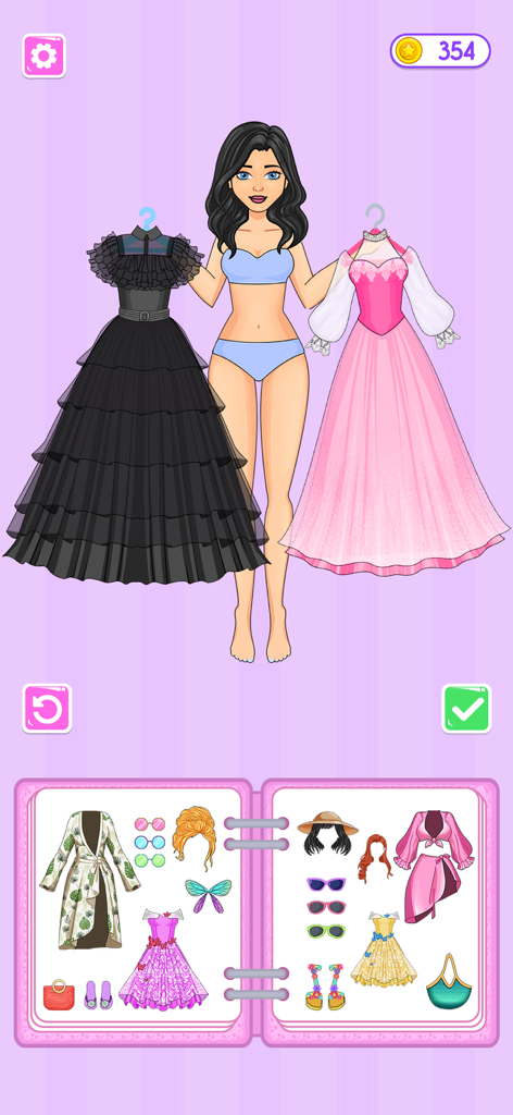 Paper Doll: Doll Dress Up Game - A paper doll character choosing between a black gothic dress and a pink princess dress with a closet of accessories.