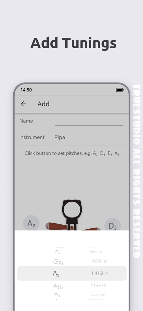 Ukulele Tuner - Ukutuna - Screenshot dell'app Ukutuna che mostra l'interfaccia per aggiungere accordature personalizzate con una ruota di selezione dell'intonazione per diversi strumenti.