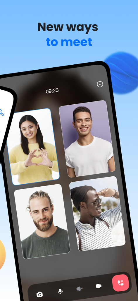 ChatMe - Chat with me - Interface of ChatMe app showing a group video call with four participants and a blue background with the text New ways to meet.