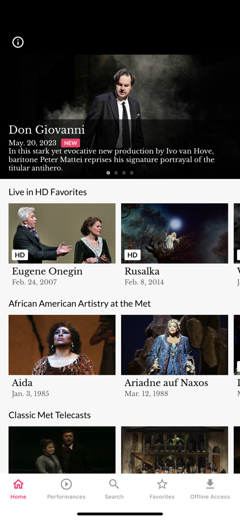 Met Opera on Demand - Met Opera on Demand app home screen showing featured opera performances and categories