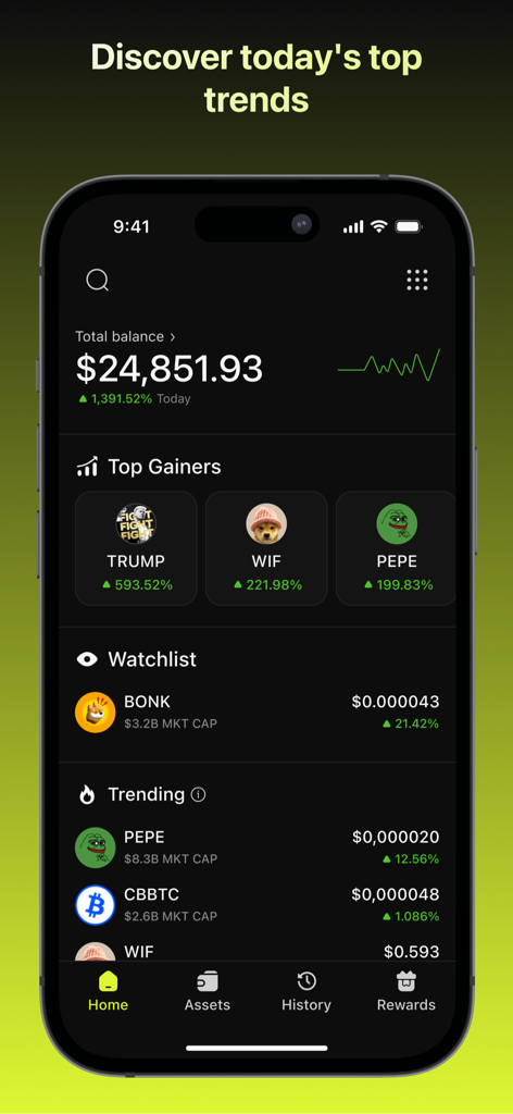 The DexToro home screen displaying a crypto portfolio balance, top gaining memecoins like PEPE and TRUMP, and a trending watchlist in a dark mode interface.