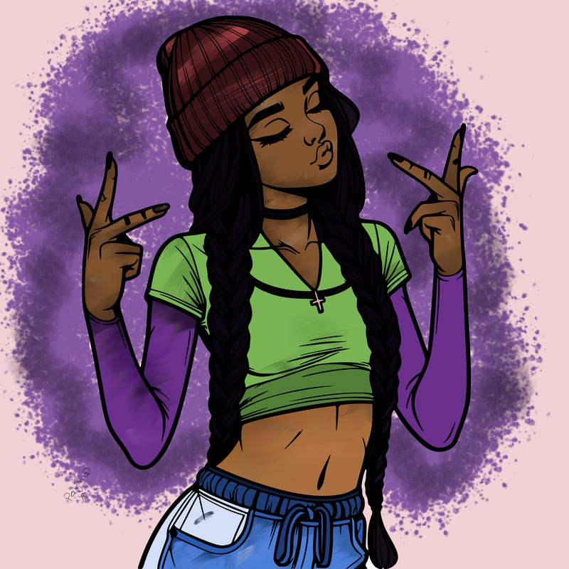 realistic teenage girl with braids and a beanie and crop top doing 🫶🏼