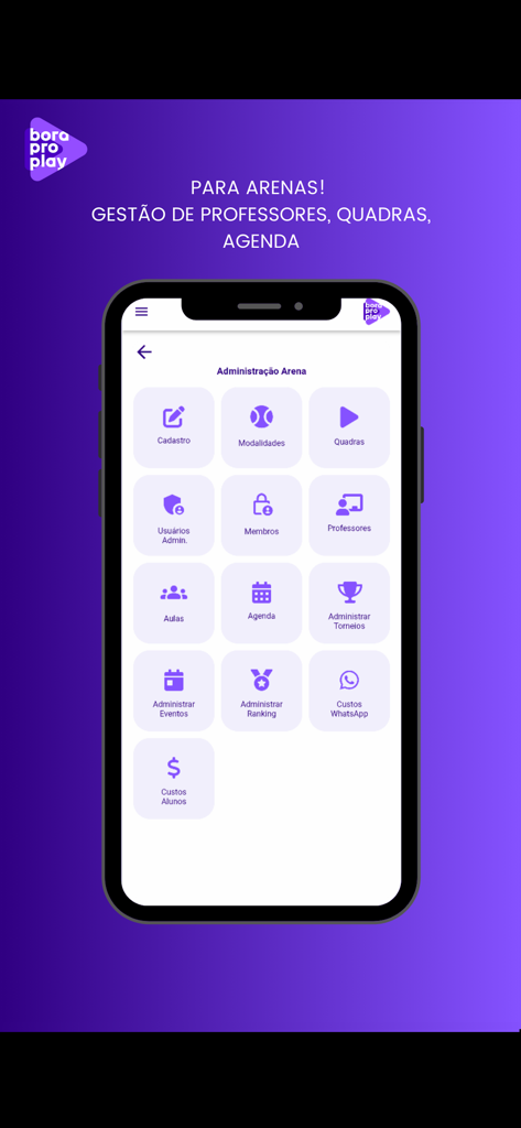 Bora Pro Play - Bora Pro Play app interface showing the arena administration dashboard with icons for managing courts, teachers, and schedules.