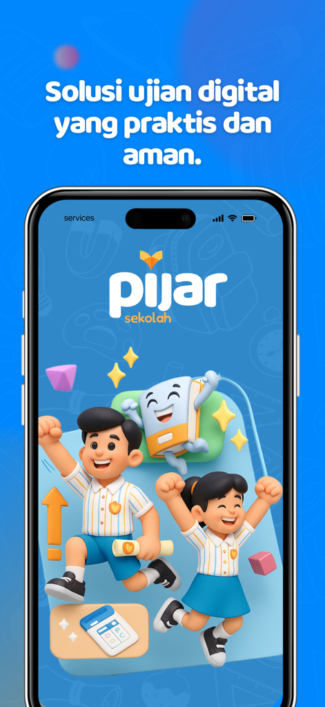 Pijar Sekolah: Siswa - Pijar Sekolah Siswa introductory screen with student illustrations and digital exam solution text