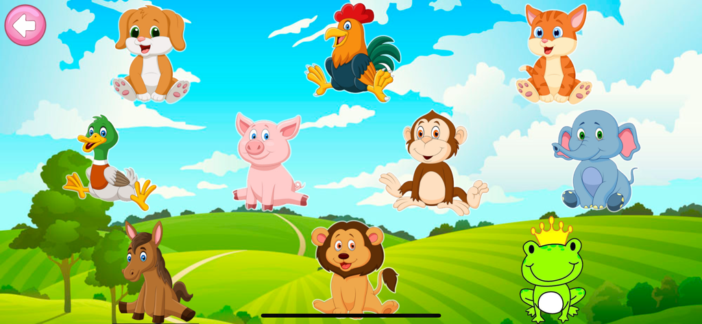 Piano Kids - Animal Sounds - Animales de dibujos animados en un paisaje verde de la interfaz de la aplicación Piano Kids.