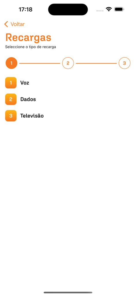 Interface da aplicação E-Kwanza para selecionar categorias de recarga móvel, incluindo voz e dados.