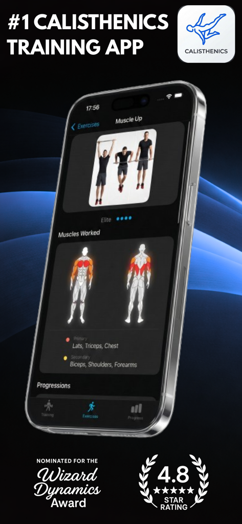 Calisthenics: CaliFit - CaliFit app screenshot showing muscle up exercise demonstration and muscles worked diagram