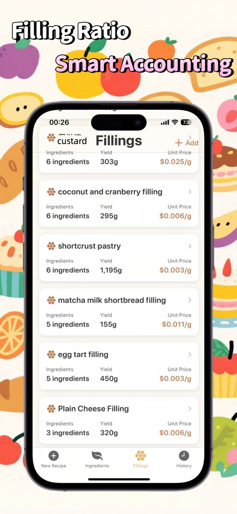 Baking Cost Calculator - Un écran d'application mobile affichant une liste de garnitures de pâtisserie telles que la crème pâtissière et le lait matcha avec leur rendement et leur prix unitaire.