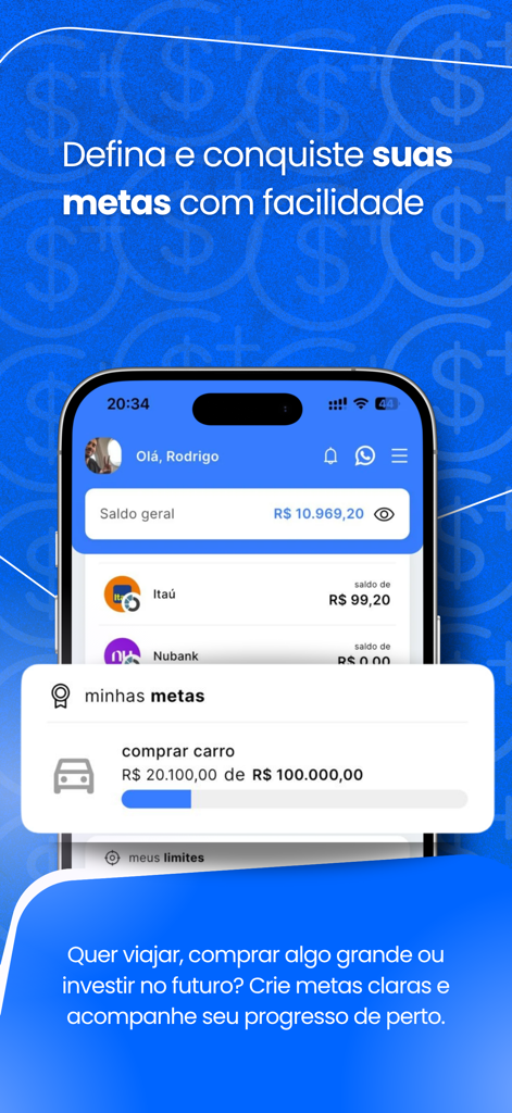 Saldo Positivo - Despesas - Interfaz de la aplicación Saldo Positivo que muestra un objetivo para comprar un coche con una barra de progreso y saldos de cuentas bancarias.