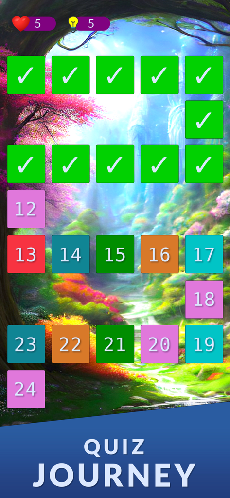 Uma tela do aplicativo QuiDiDo mostrando o progresso da jornada do quiz com azulejos numerados e marcas de seleção sobre um fundo de floresta cênica.