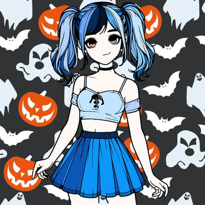 realistic girl in a skirt crop top and pigtails