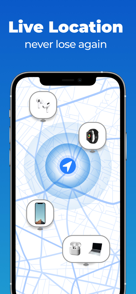 Air Finderアプリに、AirPodsやスマートウォッチなどのBluetoothデバイスの追跡された場所を示すライブマップが表示されています。